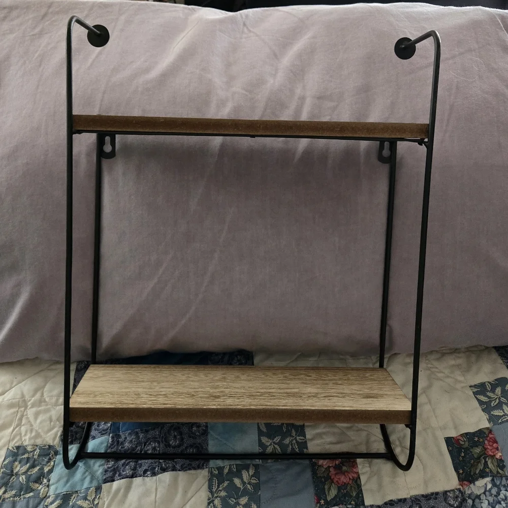 NEW True Living 2 Tier Wall Shelf, Natural Wood, Black Metal, 11.6